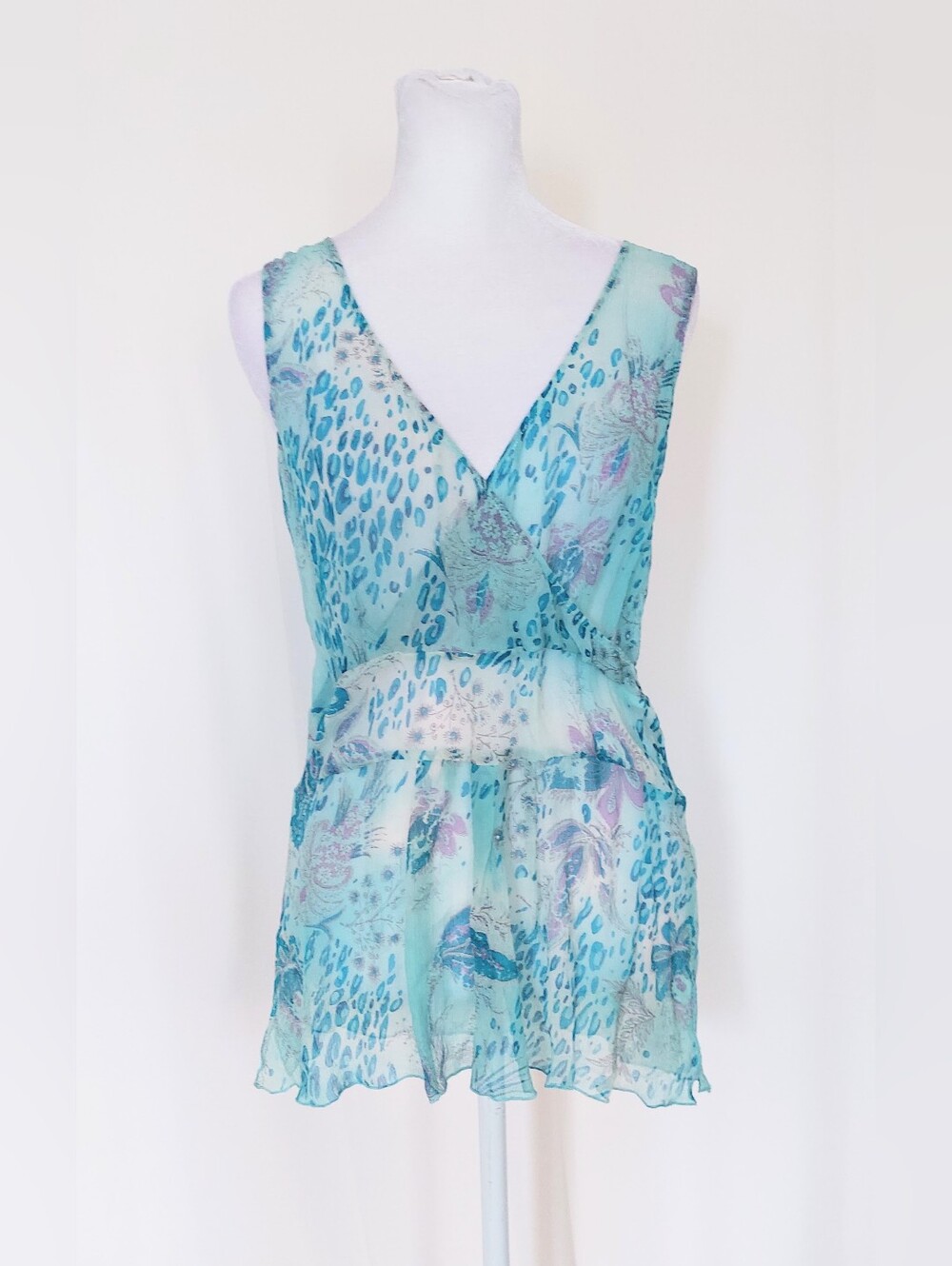 To The Max 100% Silk V Neck Floral Sleeveless Top Blue Purple Womens 10